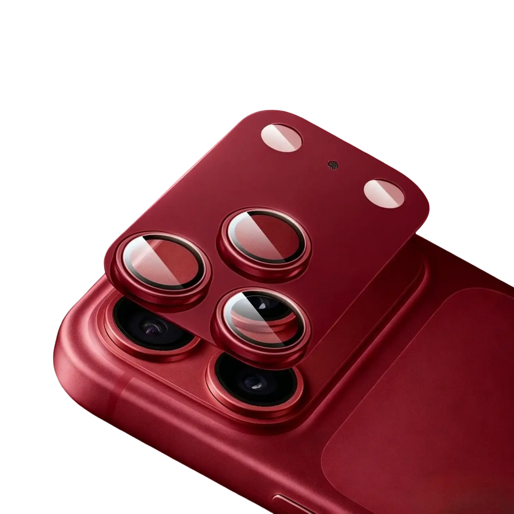 Red metallic iphone 18 pro max anti reflection lens protector with precise circular cutouts for promax 18pro anti use