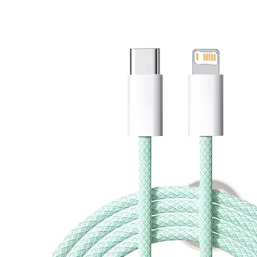 A mint green braided usb-c to lightning cable with white connectors designed for iphone 35w fast charging