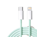 A mint green braided usb-c to lightning cable with white connectors designed for iphone 35w fast charging