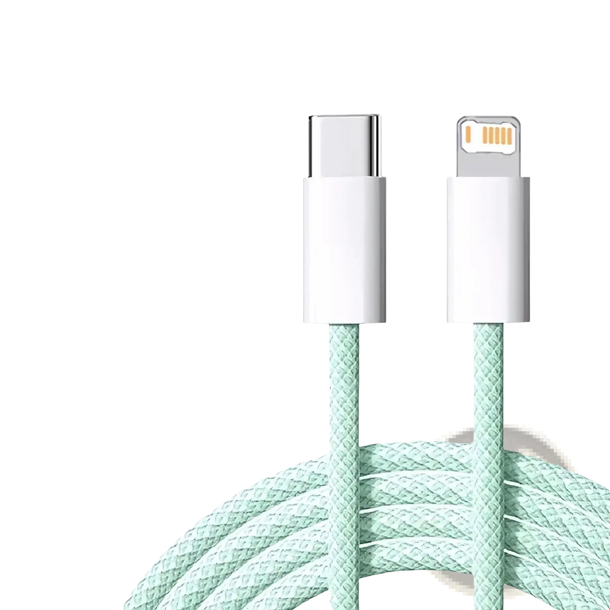 A mint green braided usb-c to lightning cable with white connectors designed for iphone 35w fast charging