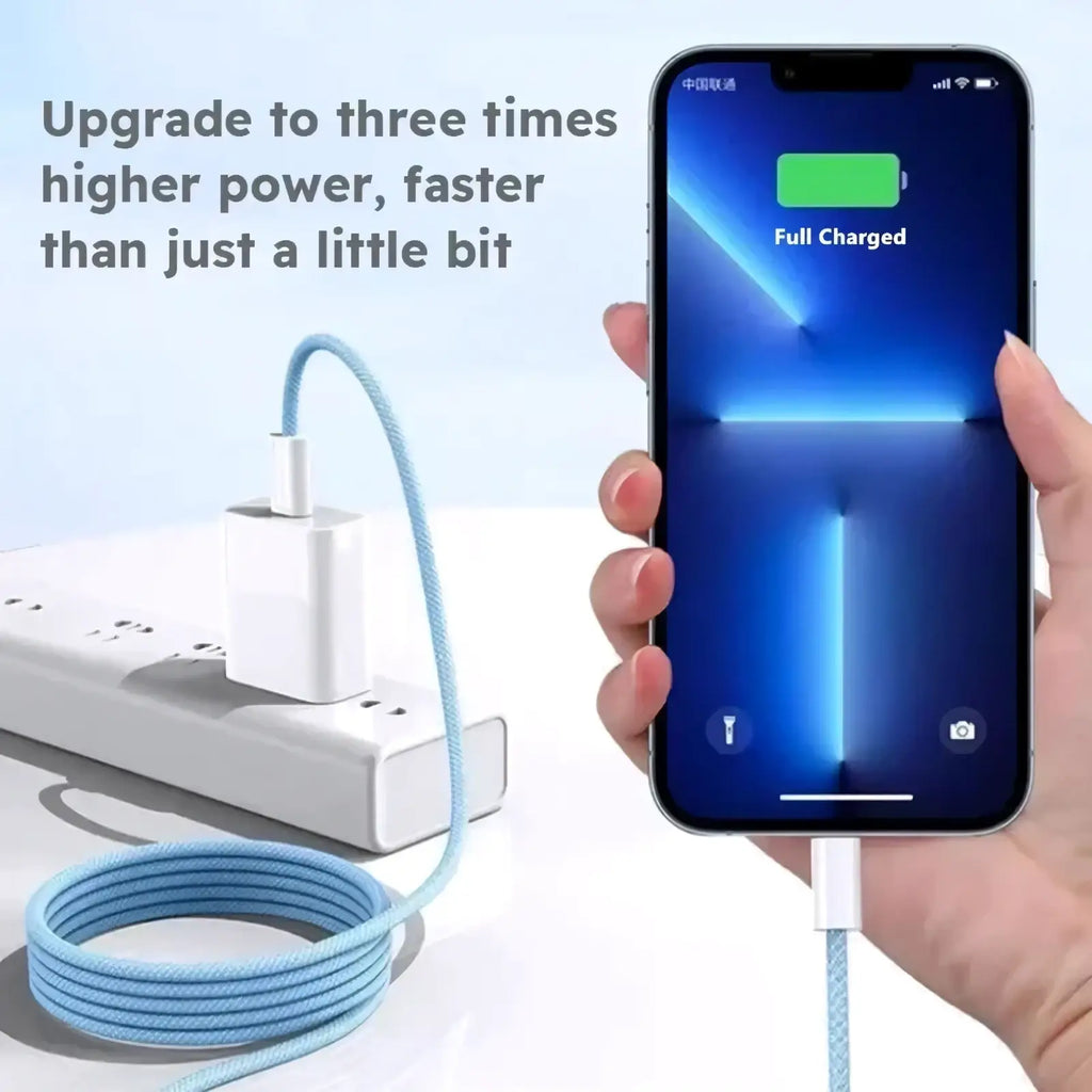 Light blue braided usb-c charging cable with white connectors for iphone 35w fast charging use