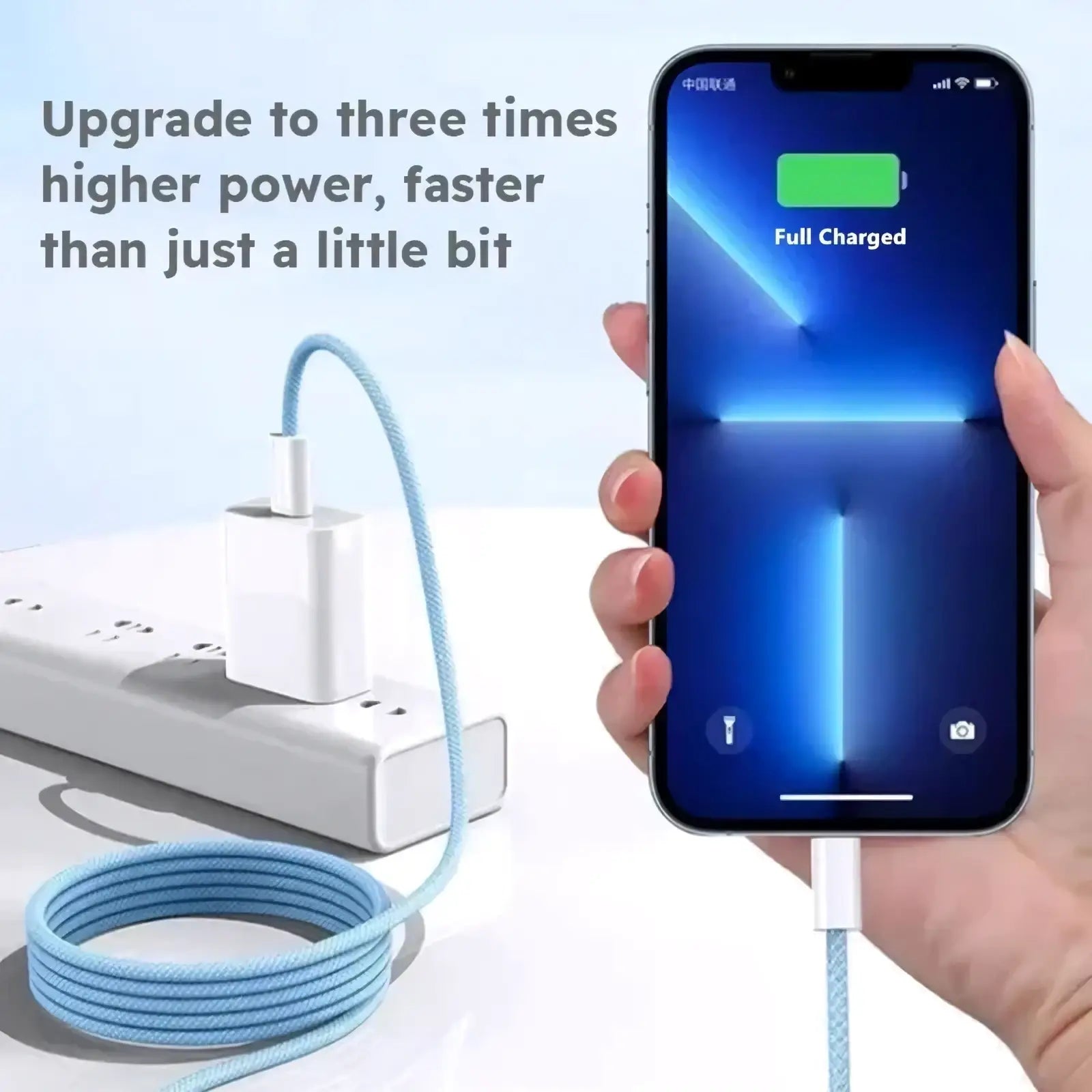 Light blue braided usb-c charging cable with white connectors for iphone 35w fast charging use