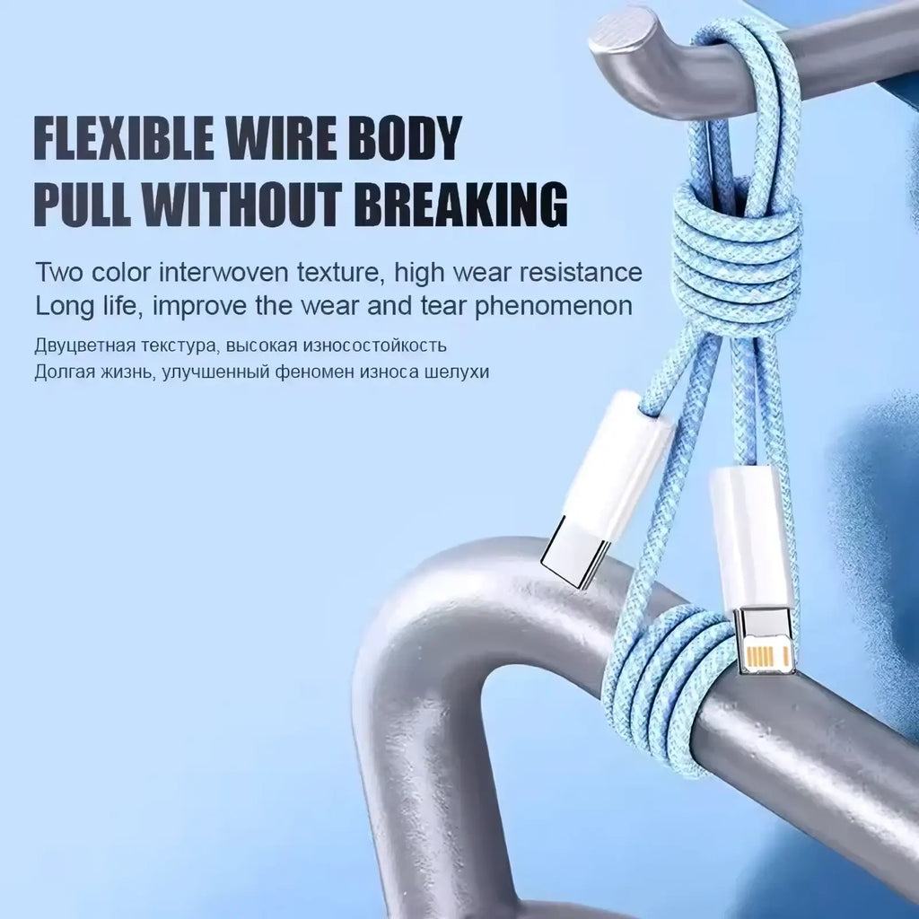 Light blue braided USB-C cable with dual connectors for iPhone 35w fast charging and durable use