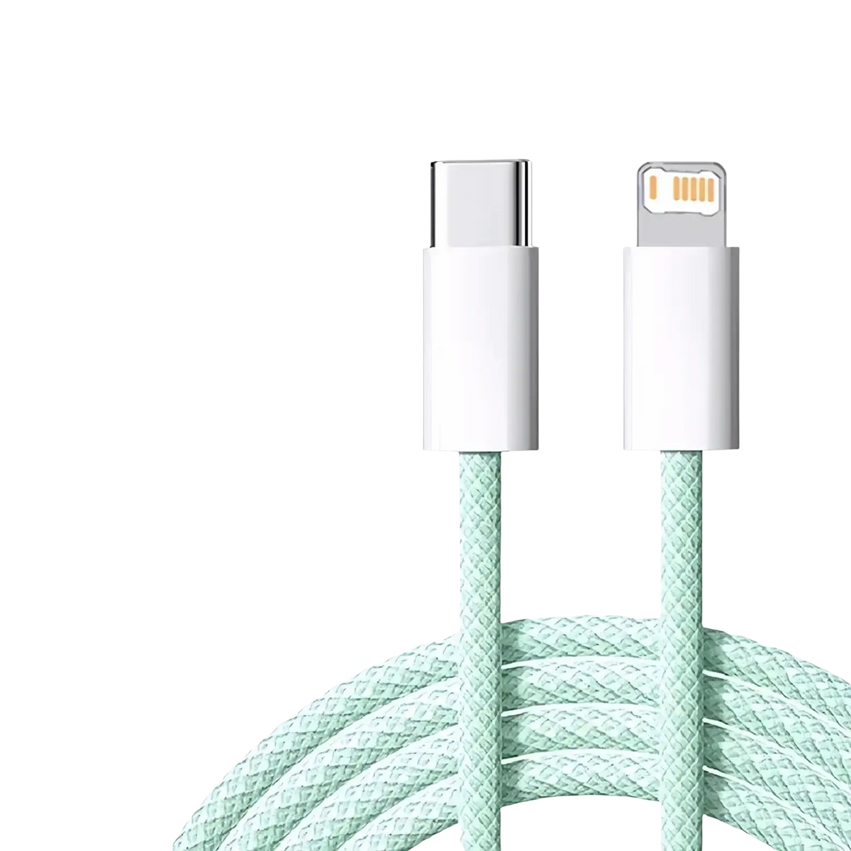 A mint green braided usb-c to lightning cable with white connectors designed for iphone 35w fast charging