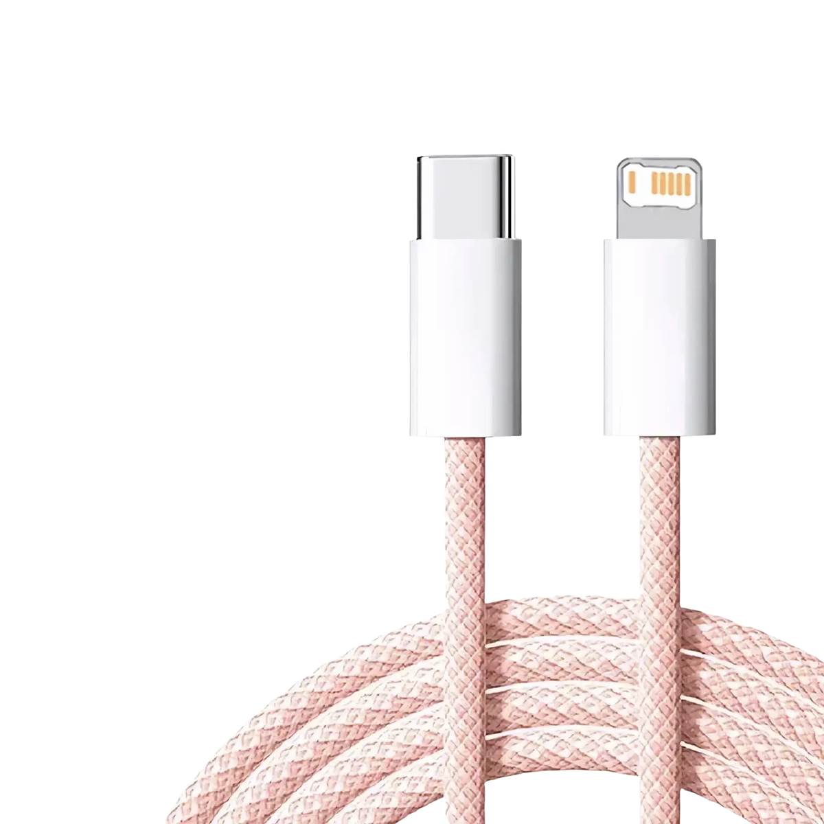 A pink braided usb-c to lightning cable designed for iphone fast charging with 35w power delivery
