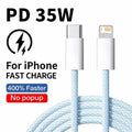 Light blue braided usb-c to lightning cable for iPhone with 35w pd fast charging support