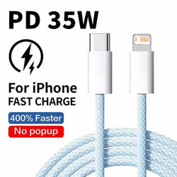 Light blue braided usb-c to lightning cable for iPhone with 35w pd fast charging support