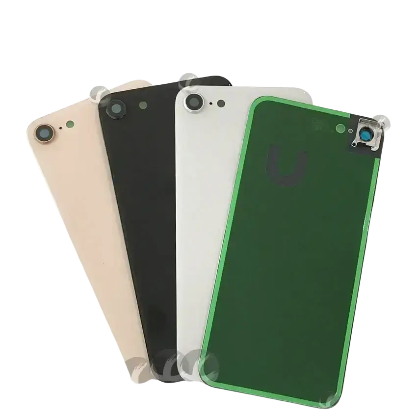 Four iphone 8 se2 se3 back glass housing covers in beige black white and green with glossy finish and camera lens frame