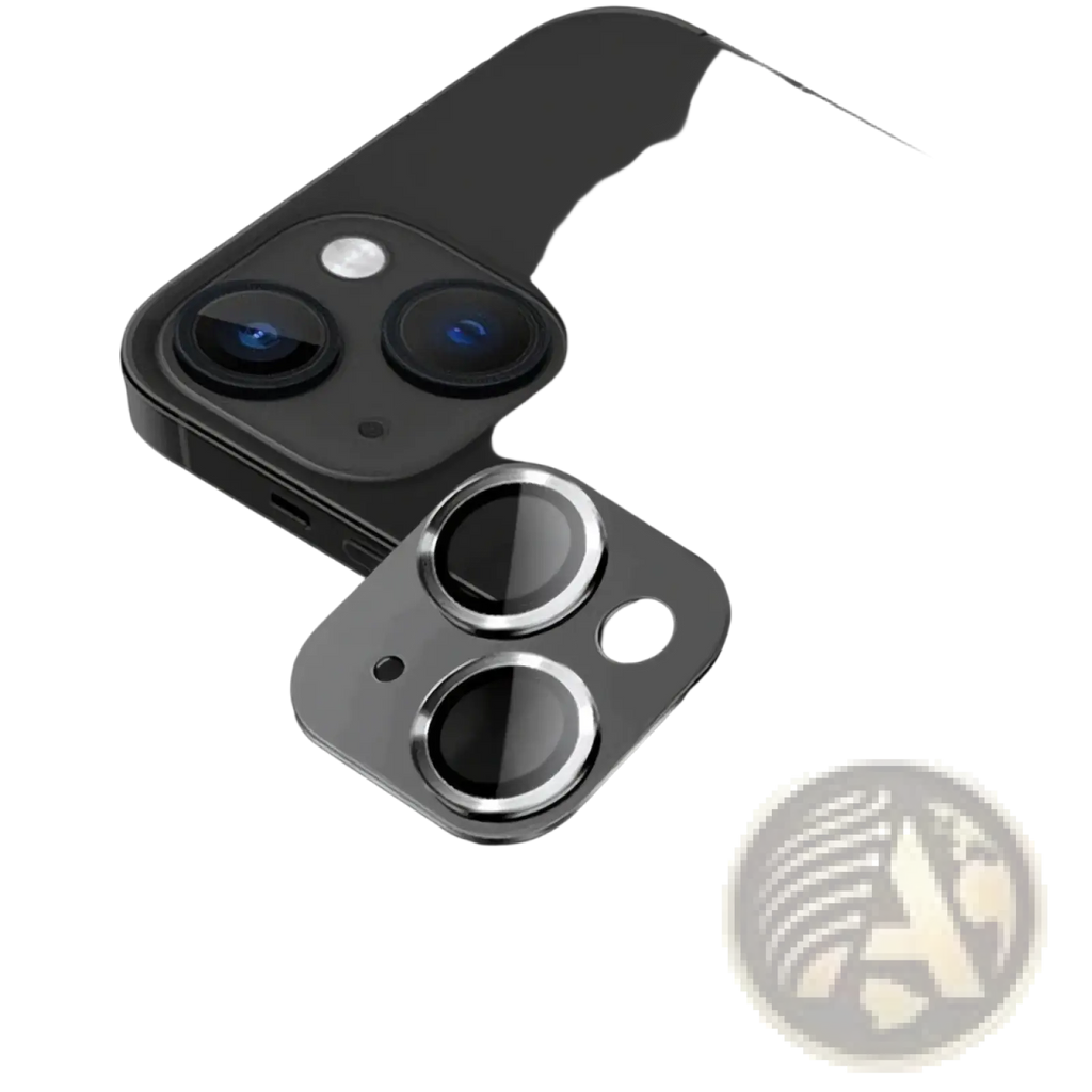 Black iPhone camera lens protector armor film with metallic silver rim and precise cutouts for dual lenses