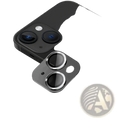 Black iPhone camera lens protector armor film with metallic silver rim and precise cutouts for dual lenses