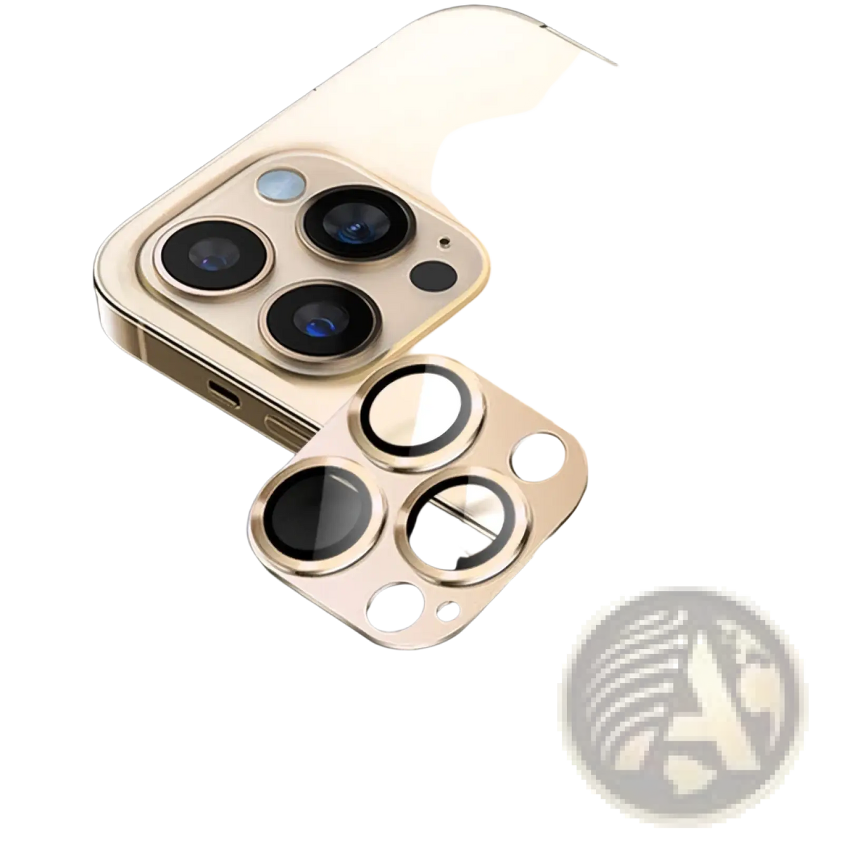 Gold-colored camera lens protector armor film made of durable material for iphone 13 pro max back side view