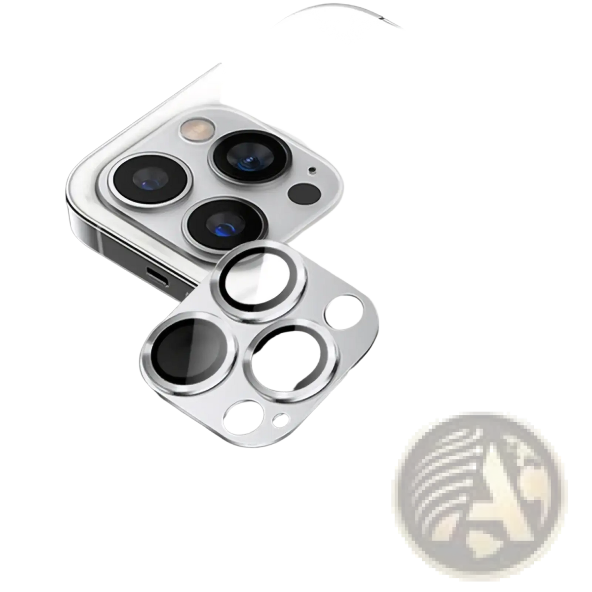 Silver metallic iphone 13 pro max camera lens protector armor film with precise cutouts for triple-lens system