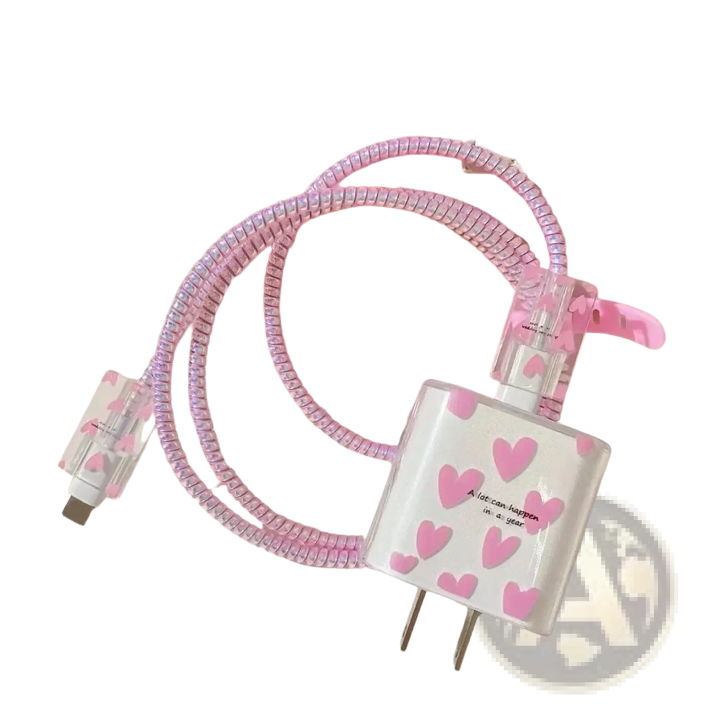 Pink coiled iphone charger protector 4 pack tpu wrap with clear heart patterned connectors and white charger with pink hearts