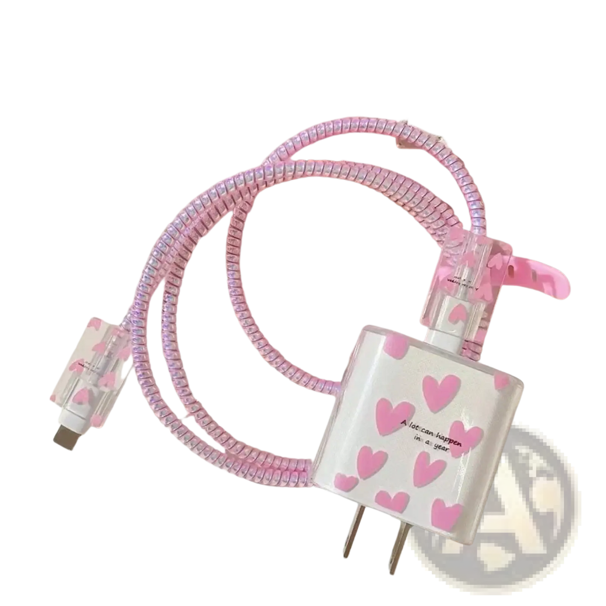 Pink coiled iphone charger protector 4 pack tpu wrap with clear heart patterned connectors and white charger with pink hearts