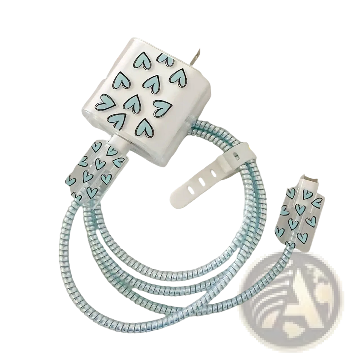 White heart-patterned usb charger with coiled light blue cable and white clip tpu wrap iphone charger protector 4 pack