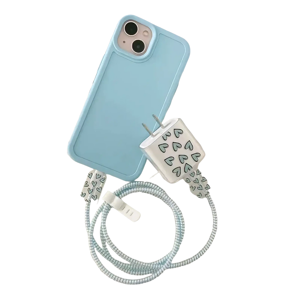 Light blue silicone iphone charger protector 4pack tpu wrap with heart-shaped cutouts for cable and charger