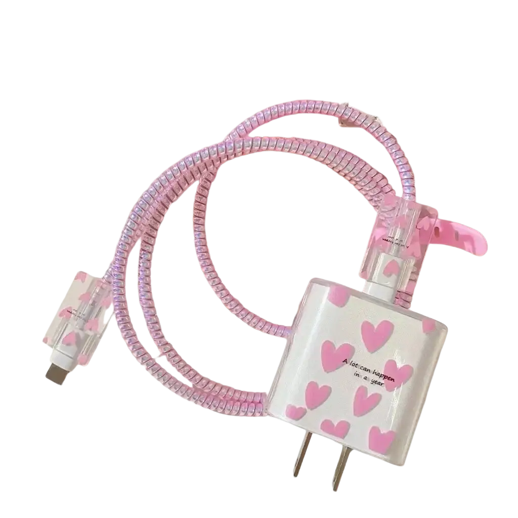 Pink coiled iphone charger protector 4 pack tpu wrap with clear heart patterned connectors and white charger with pink hearts