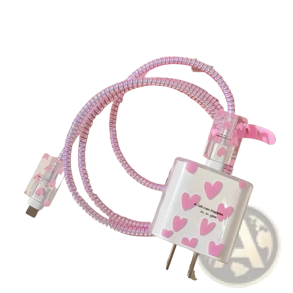 Pink heart-patterned tpu wrap iphone charger protector 4pack with coiled cable and clear connector caps