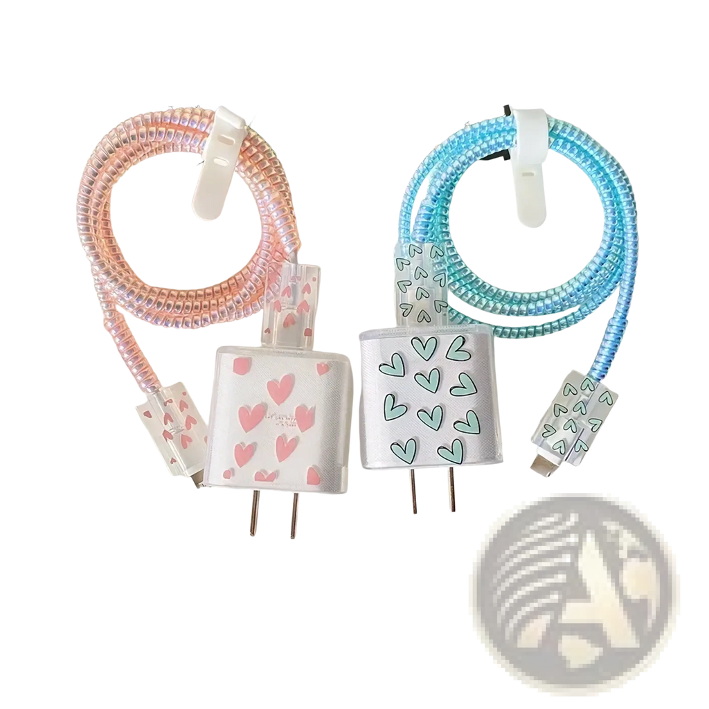 Two heart-patterned iphone charger protectors in pink and blue with coiled iridescent tpu wrap cables