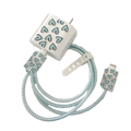 White heart-patterned usb charger with coiled light blue cable and white clip tpu wrap iphone charger protector 4 pack