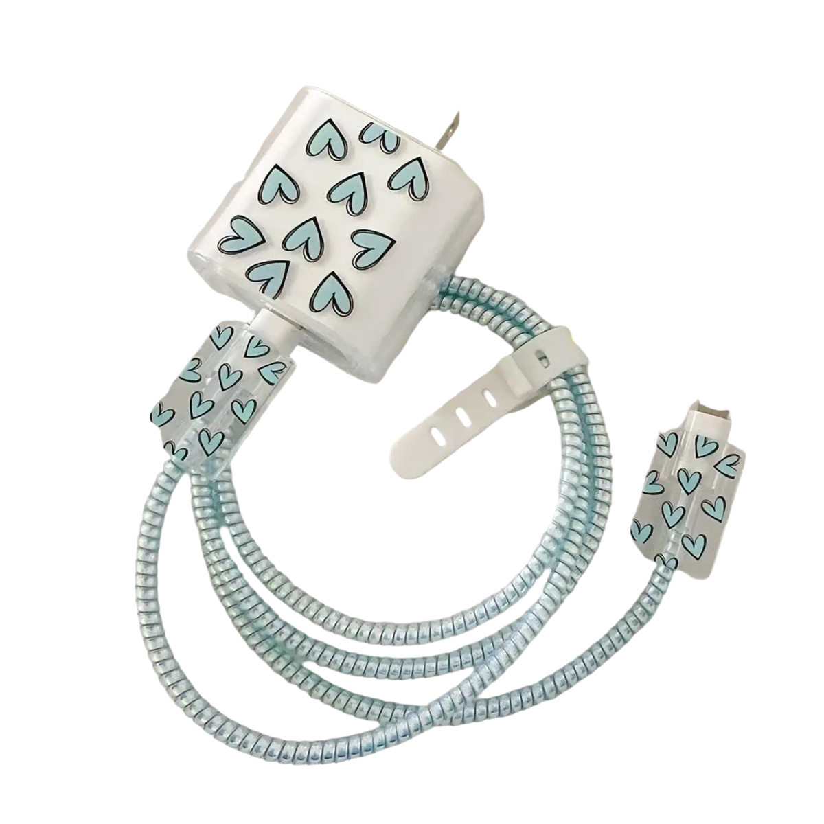 White heart-patterned usb charger with coiled light blue cable and white clip tpu wrap iphone charger protector 4 pack