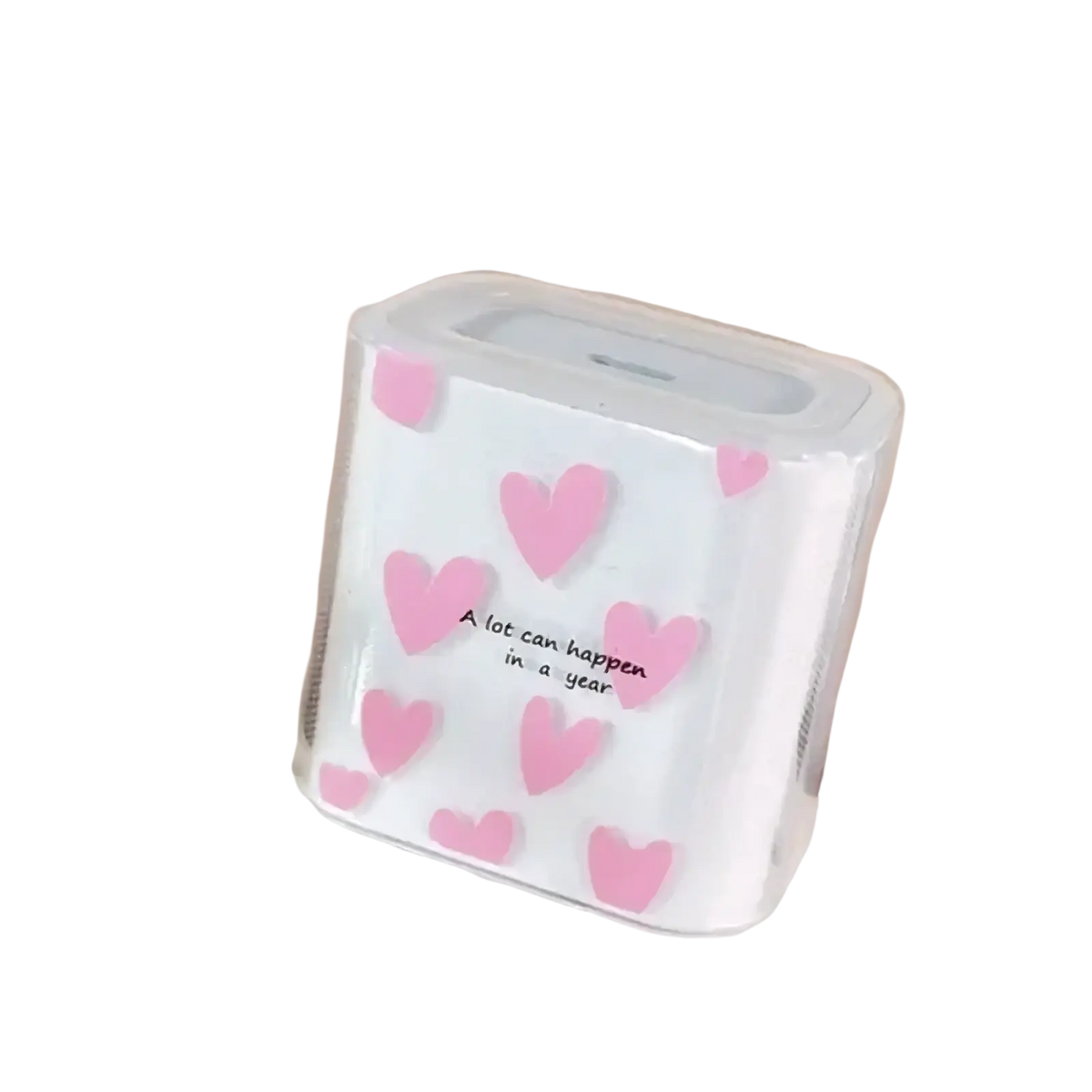 White tpu iphone charger protector cover with pink heart decals and a lot can happen in a year text in 4pack