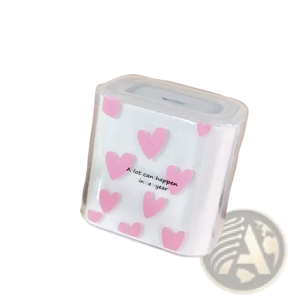 White tpu iphone charger protector cover with pink heart decals and a lot can happen in a year text in 4pack