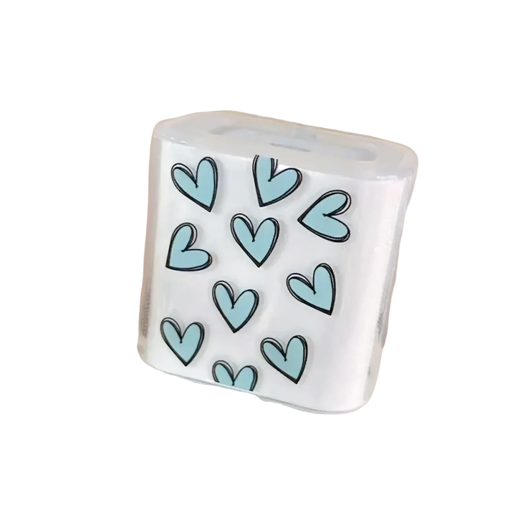 Iphone charger protector 4pack tpu wrap with a white translucent cover featuring light blue hearts outlined in black