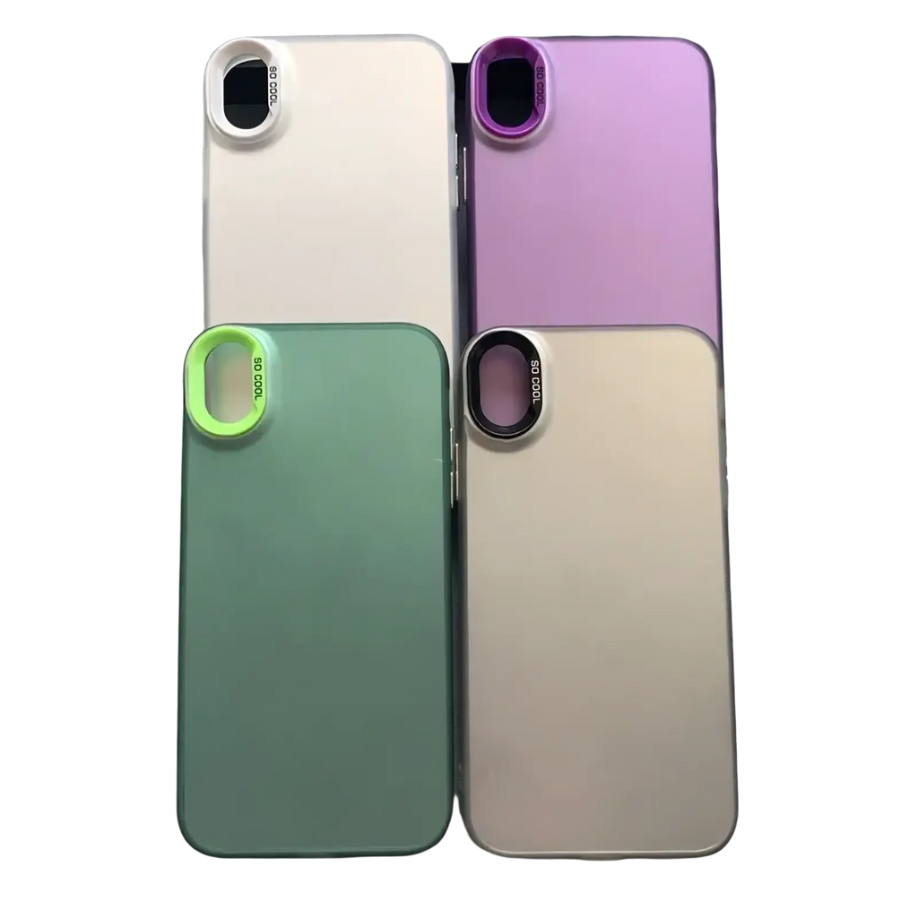 Back side of iphone gradient matte phone cases in white purple green and beige with built-in camera lenses and so cool branding
