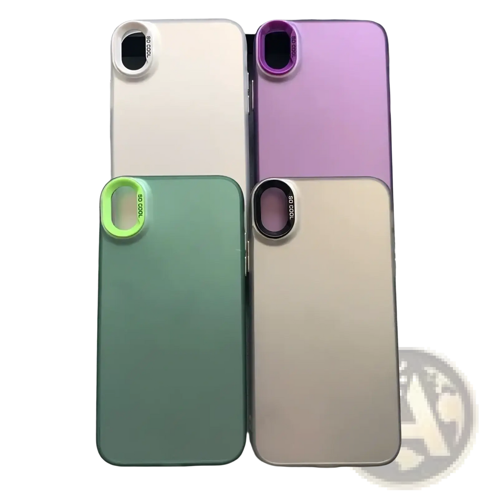 Back side of iphone gradient matte phone cases in white purple green and beige with built-in camera lenses and so cool branding