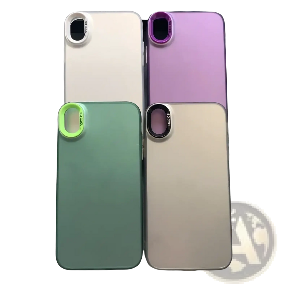 Back side of iphone gradient matte phone cases in white purple green and beige with built-in camera lenses and so cool branding