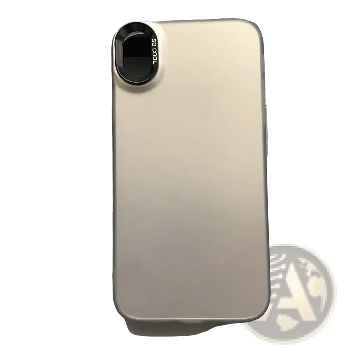 The back of a metallic silver iphone with a minimalist design and a circular so cool camera lens on a gradient matte case
