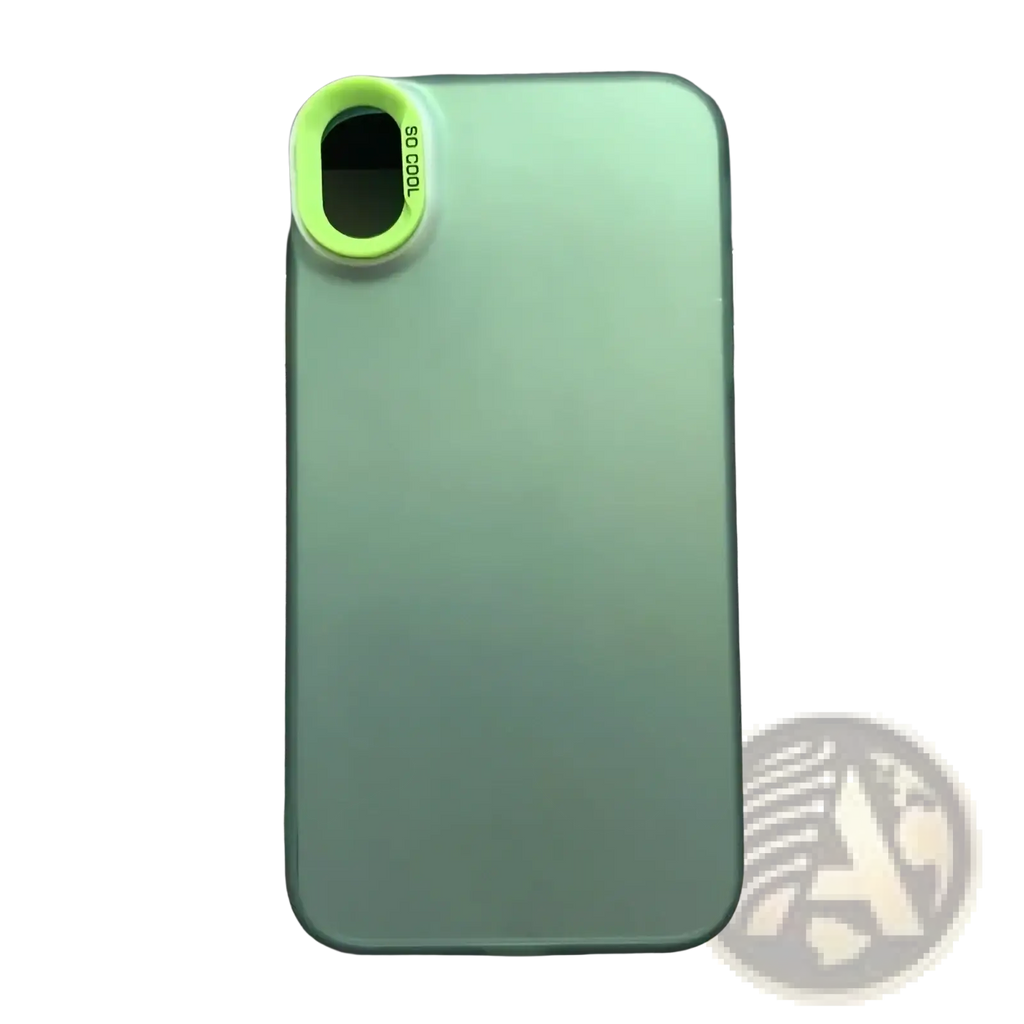 Back of a translucent mint green iphone gradient matte phone case with a lime green camera lens attachment reading so cool