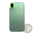 Back of a translucent mint green iphone gradient matte phone case with a lime green camera lens attachment reading so cool