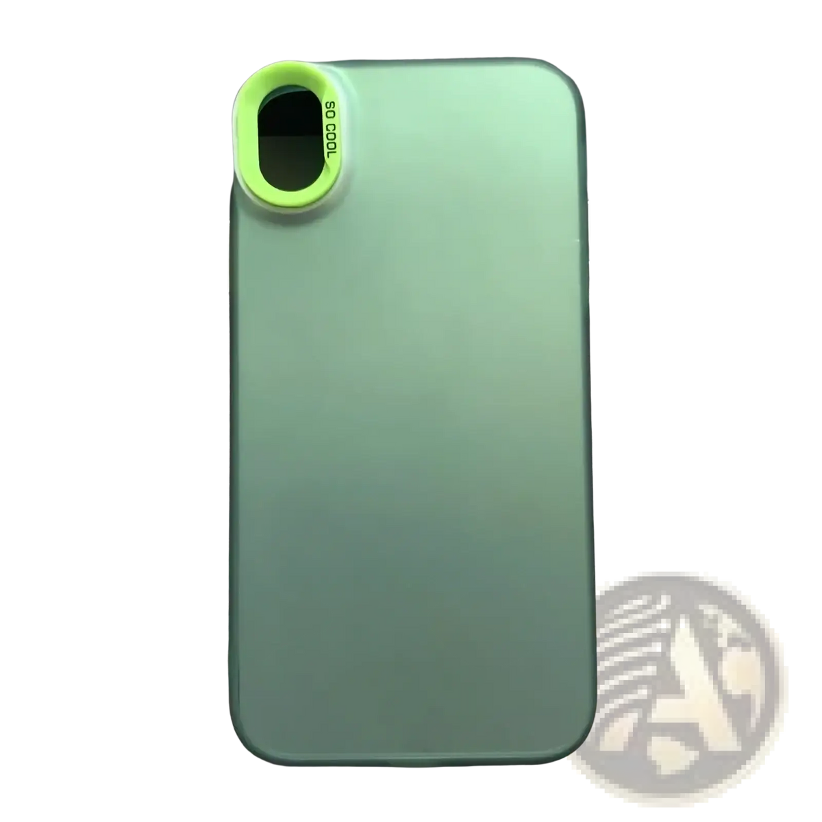 Back of a translucent mint green iphone gradient matte phone case with a lime green camera lens attachment reading so cool