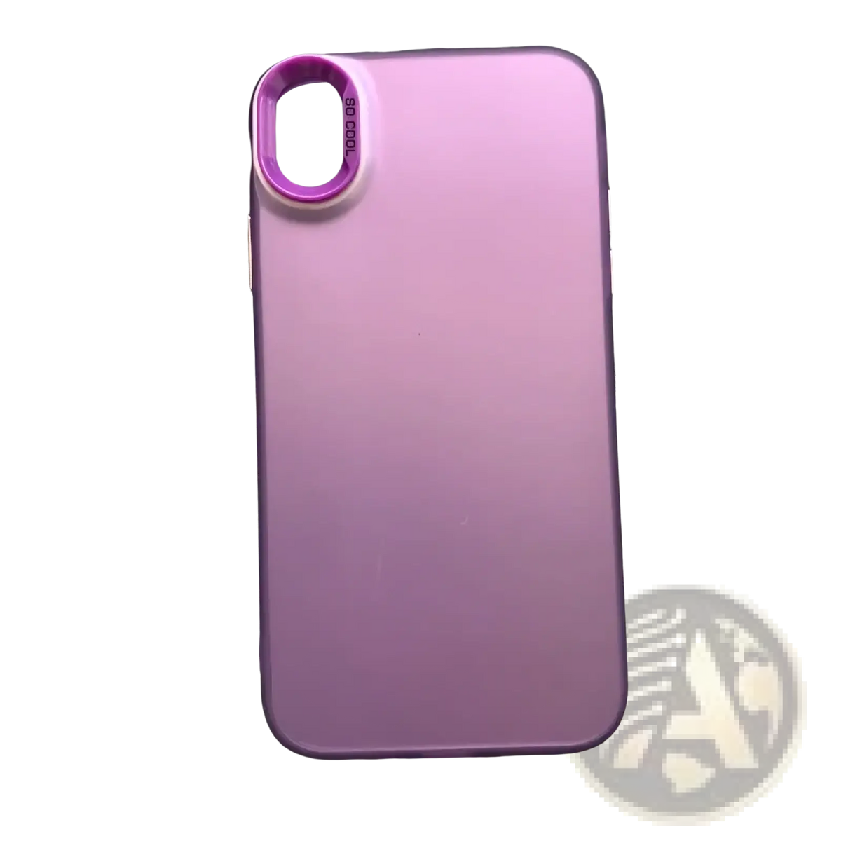A sleek matte-finish purple iphone gradient matte phone case with matching circular camera lens attachment shown from the back