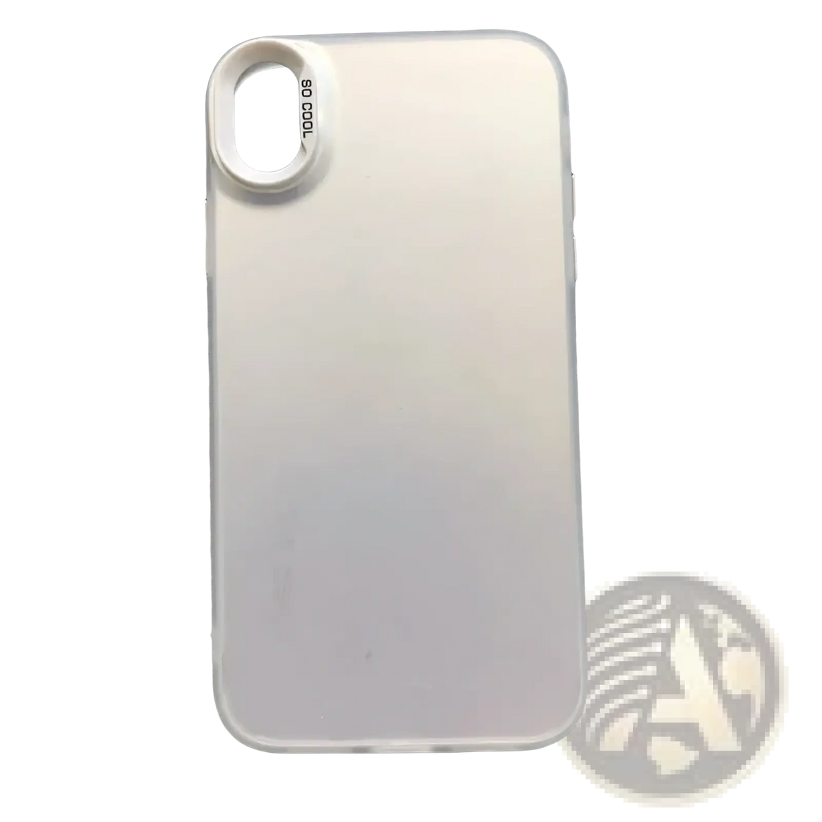 Back side of a sleek white iphone gradient matte phone case with a built-in camera lens accessory labeled so cool
