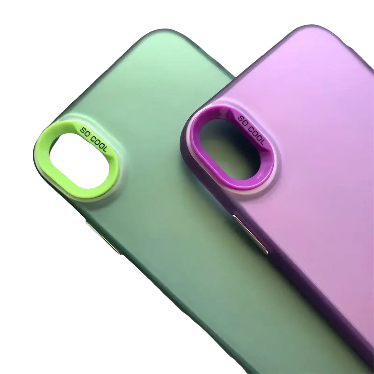 Pastel green and purple iphone gradient matte phone cases with neon ring handles saying so cool shown from the back