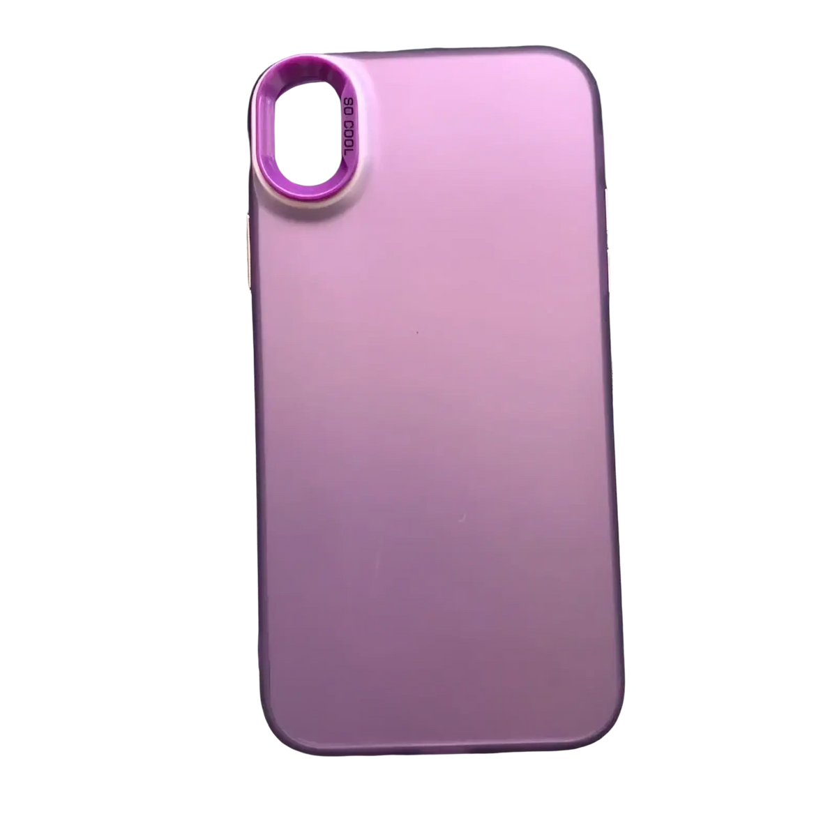 A sleek matte-finish purple iphone gradient matte phone case with matching circular camera lens attachment shown from the back