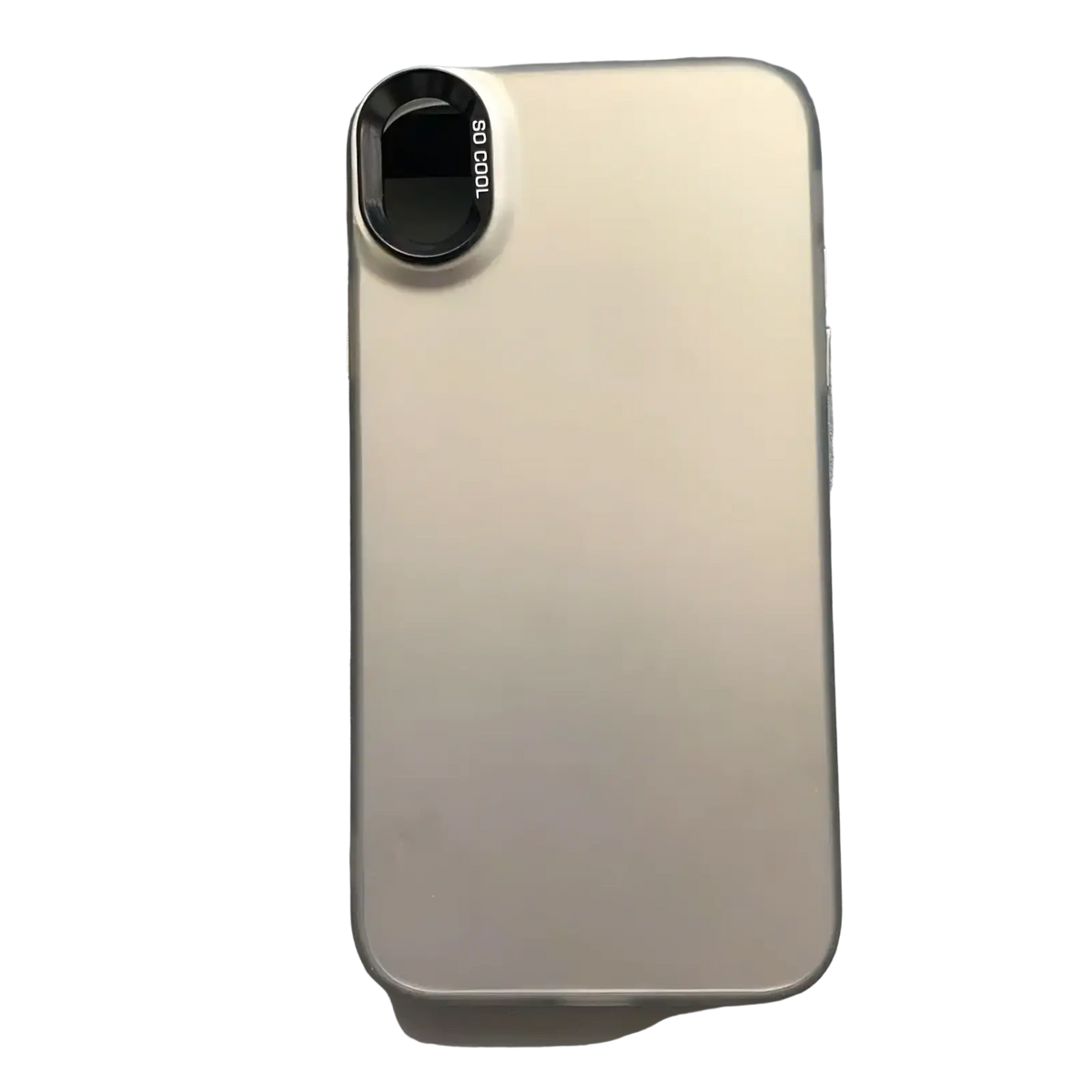 The back of a metallic silver iphone with a minimalist design and a circular so cool camera lens on a gradient matte case