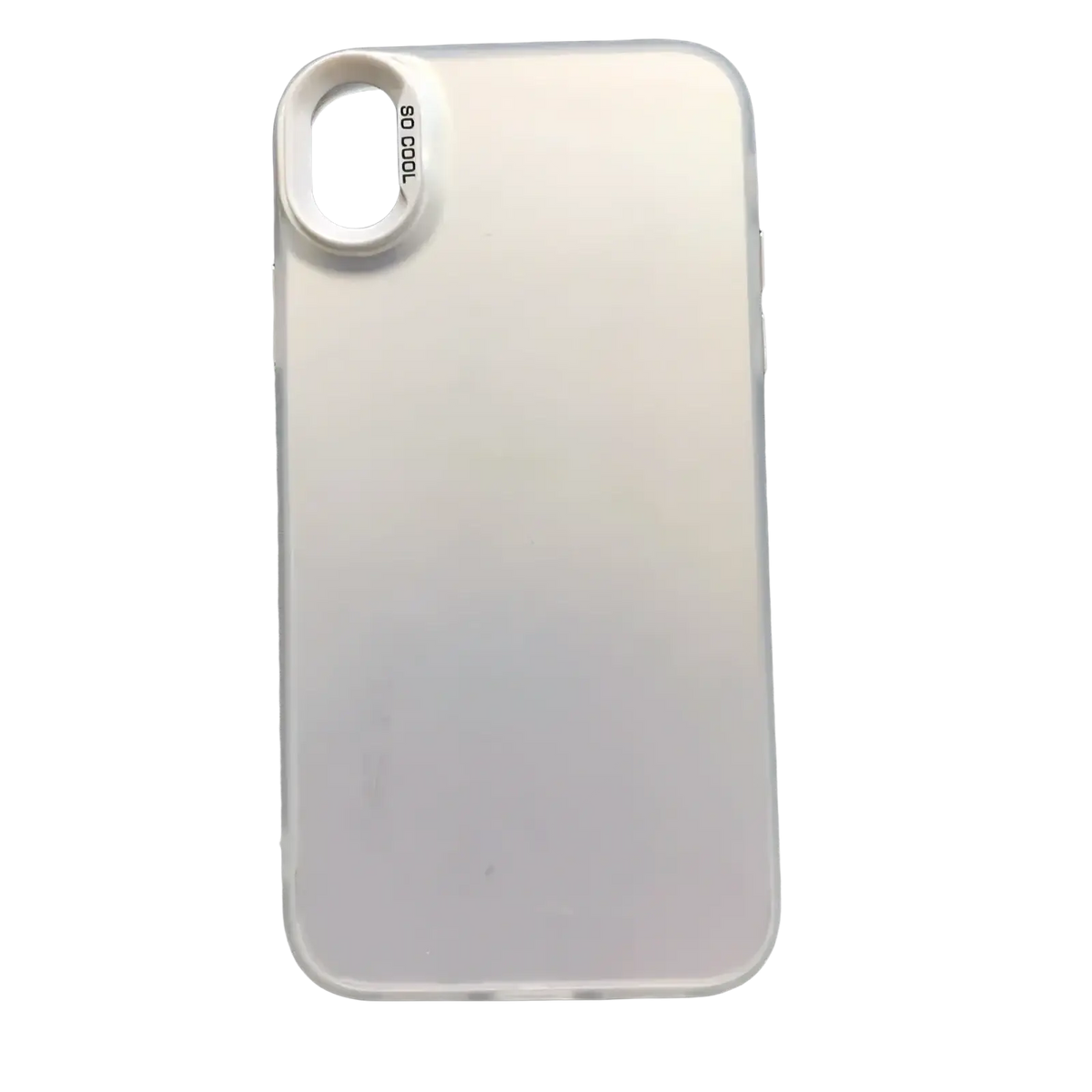 Back side of a sleek white iphone gradient matte phone case with a built-in camera lens accessory labeled so cool