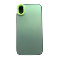 Back of a translucent mint green iphone gradient matte phone case with a lime green camera lens attachment reading so cool