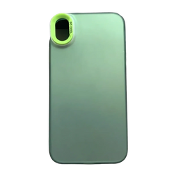 Back of a translucent mint green iphone gradient matte phone case with a lime green camera lens attachment reading so cool