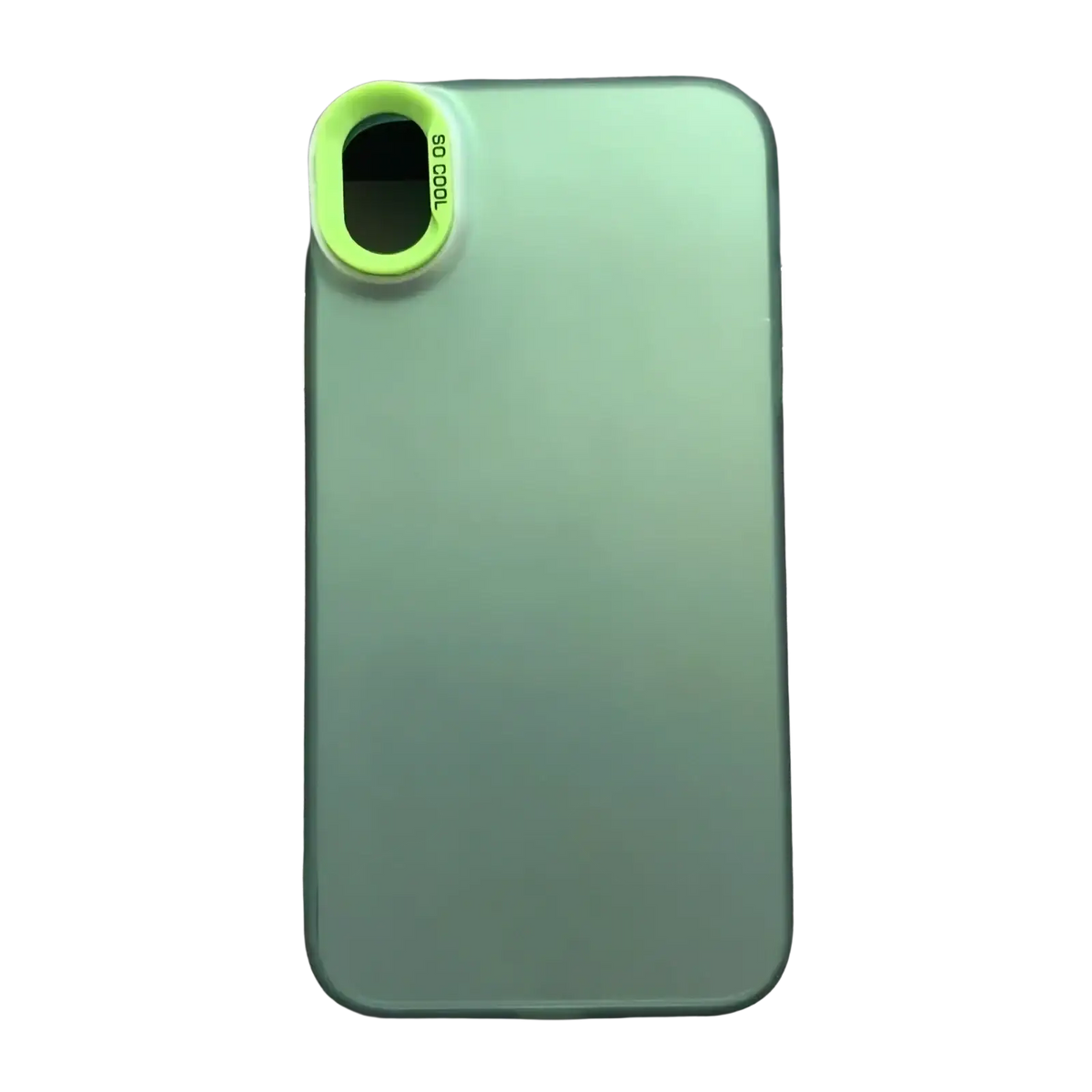 Back of a translucent mint green iphone gradient matte phone case with a lime green camera lens attachment reading so cool
