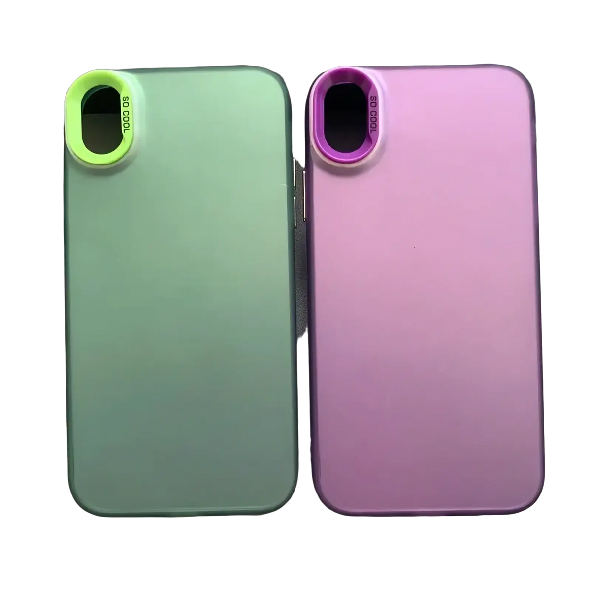Back side of two iphone gradient matte phone cases in mint green with neon lime and soft pink with purple rings