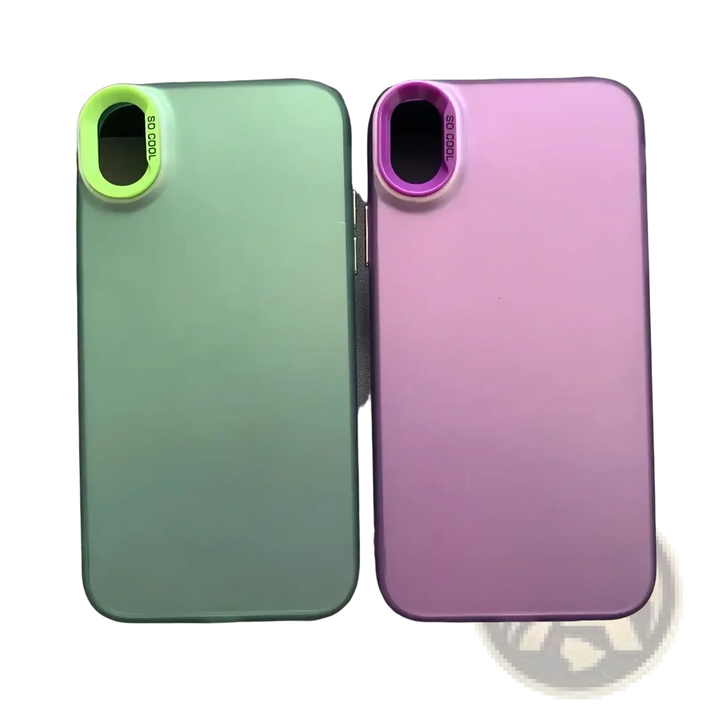 Back side of two iphone gradient matte phone cases in mint green with neon lime and soft pink with purple rings