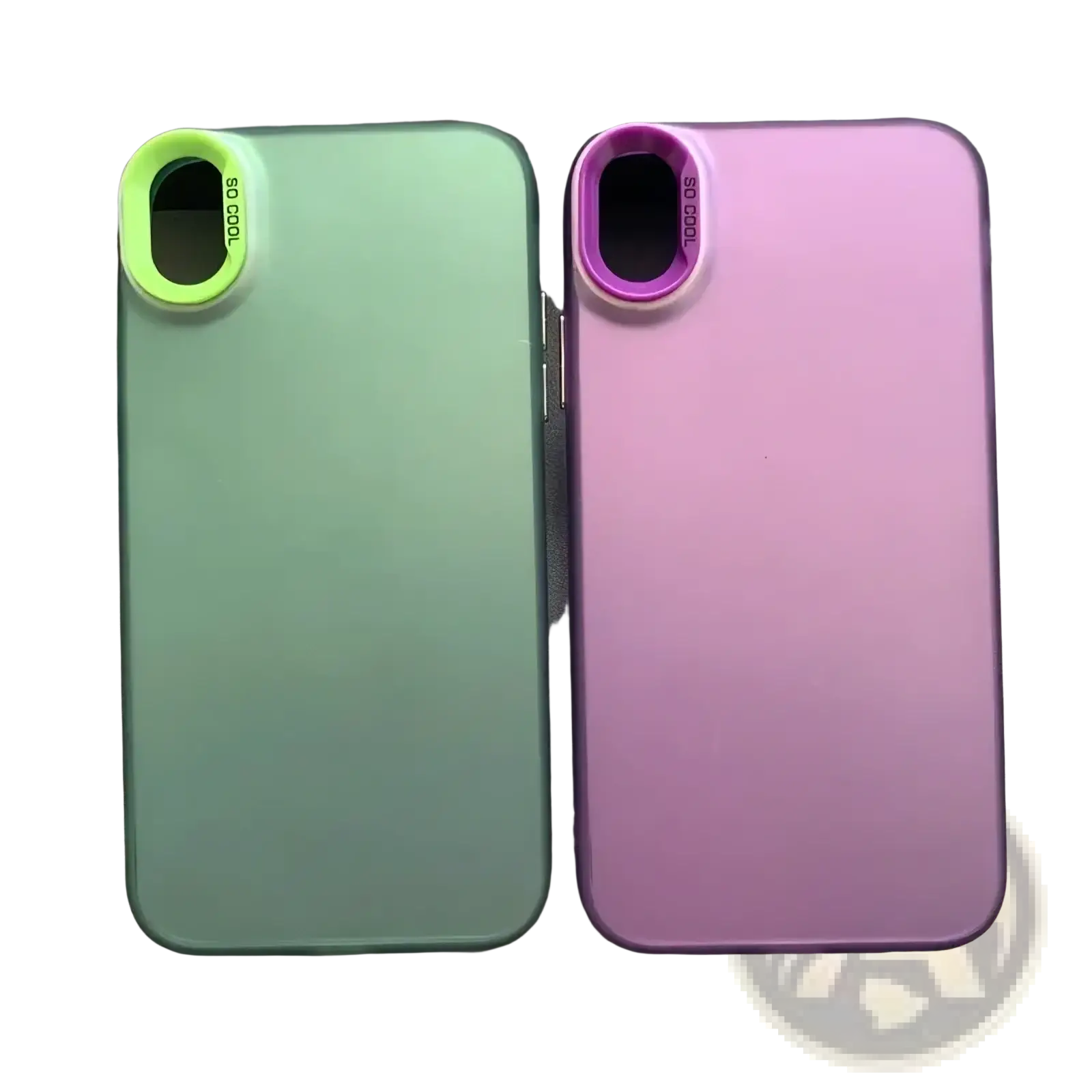 Back side of two iphone gradient matte phone cases in mint green with neon lime and soft pink with purple rings