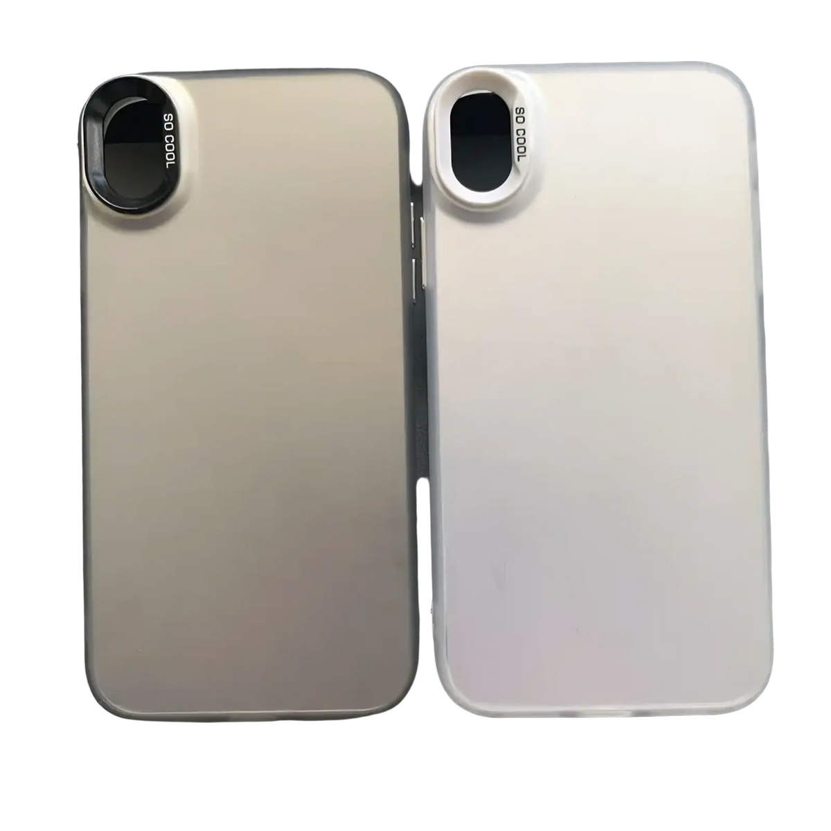 Back view of two iphone gradient matte phone cases in metallic silver and matte white with circular camera lens attachments