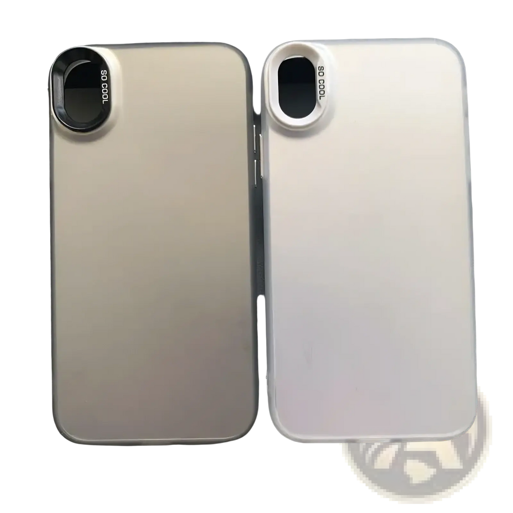 Back view of two iphone gradient matte phone cases in metallic silver and matte white with circular camera lens attachments