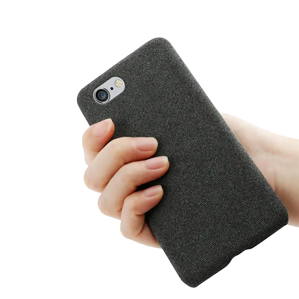 Iphone Se 2016 fabric hard case gray slim cover showing the back with dark gray textured woven fabric
